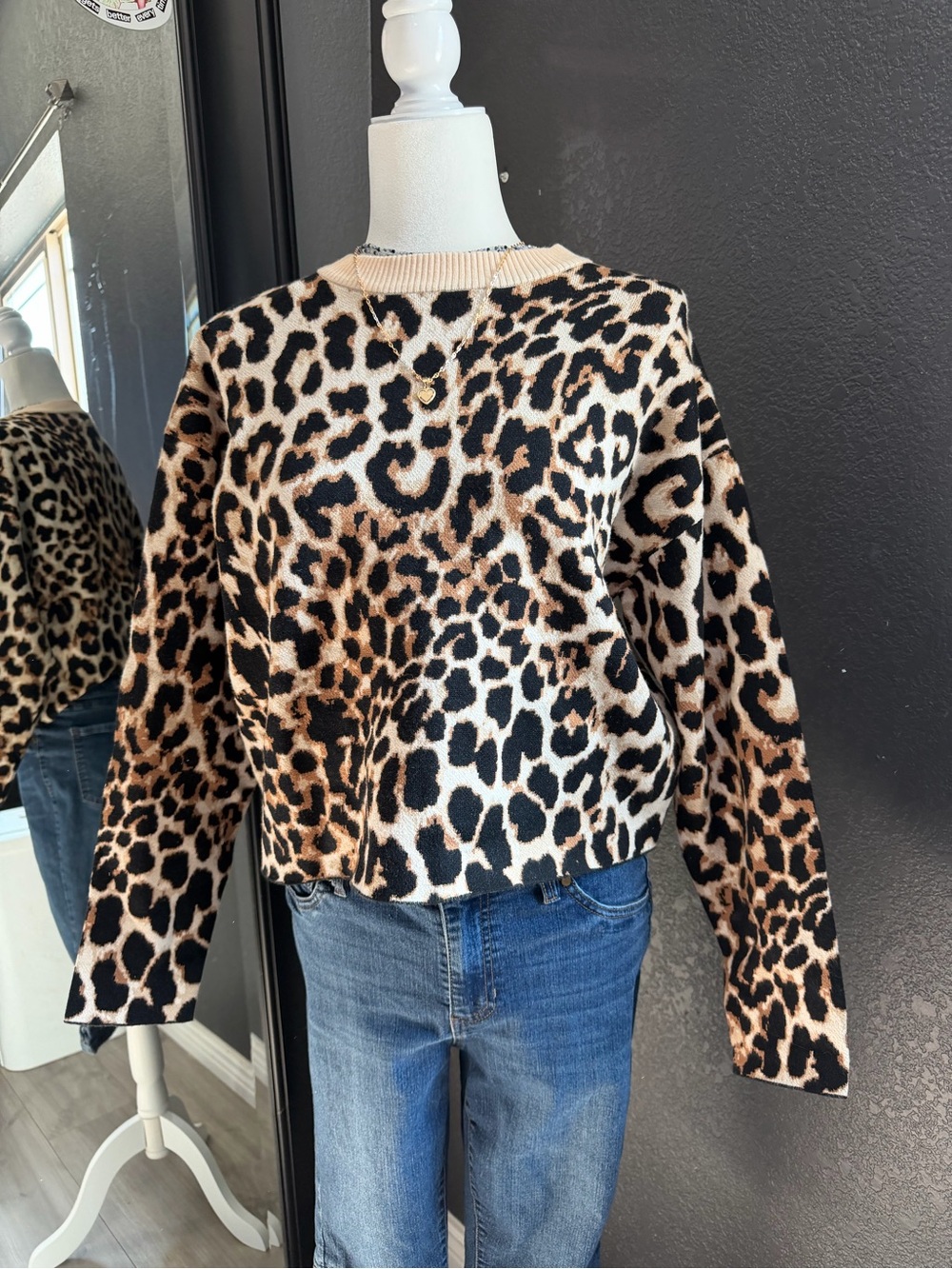 Anthropologie SUNCOO Leopard Print Crewneck Sweater in Brown and Black